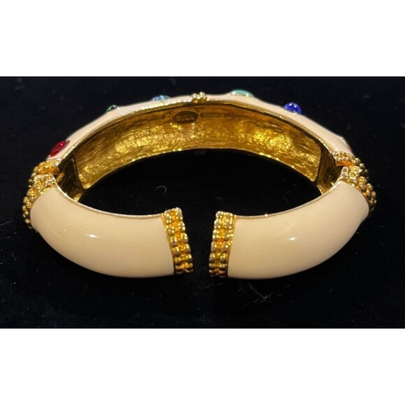 Signed KJL  Kenneth Jay Lane Ivory White Enamel MultiGem Cabochon Bangle Book Pc - Picture 6 of 11